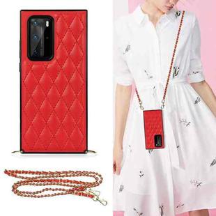 For Huawei P40 Pro Elegant Rhombic Pattern Microfiber Leather +TPU Shockproof Case with Crossbody Strap Chain(Red)