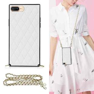 For iPhone SE 2022 / SE 2020 / 8 / 7 Elegant Rhombic Pattern Microfiber Leather +TPU Shockproof Case with Crossbody Strap Chain(White)
