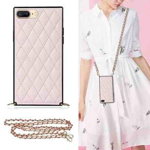 For iPhone SE 2022 / SE 2020 / 8 / 7 Elegant Rhombic Pattern Microfiber Leather +TPU Shockproof Case with Crossbody Strap Chain(Pink)