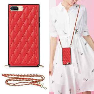 For iPhone SE 2022 / SE 2020 / 8 / 7 Elegant Rhombic Pattern Microfiber Leather +TPU Shockproof Case with Crossbody Strap Chain(Red)