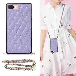 For iPhone SE 2022 / SE 2020 / 8 / 7 Elegant Rhombic Pattern Microfiber Leather +TPU Shockproof Case with Crossbody Strap Chain(Purple)