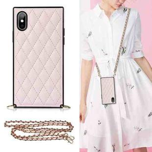 For iPhone X / XS Elegant Rhombic Pattern Microfiber Leather +TPU Shockproof Case with Crossbody Strap Chain(Pink)