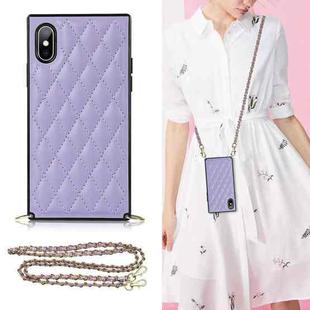 For iPhone X / XS Elegant Rhombic Pattern Microfiber Leather +TPU Shockproof Case with Crossbody Strap Chain(Purple)