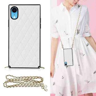 For iPhone XR Elegant Rhombic Pattern Microfiber Leather +TPU Shockproof Case with Crossbody Strap Chain(White)