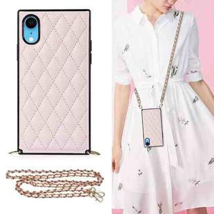 For iPhone XR Elegant Rhombic Pattern Microfiber Leather +TPU Shockproof Case with Crossbody Strap Chain(Pink)