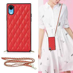 For iPhone XR Elegant Rhombic Pattern Microfiber Leather +TPU Shockproof Case with Crossbody Strap Chain(Red)