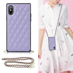 For iPhone XS Max Elegant Rhombic Pattern Microfiber Leather +TPU Shockproof Case with Crossbody Strap Chain(Purple)