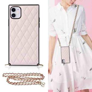 For iPhone 11 Elegant Rhombic Pattern Microfiber Leather +TPU Shockproof Case with Crossbody Strap Chain (Pink)