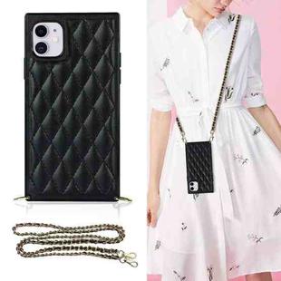 For iPhone 11 Elegant Rhombic Pattern Microfiber Leather +TPU Shockproof Case with Crossbody Strap Chain (Black)