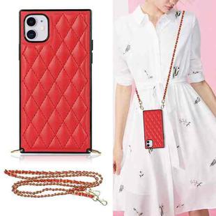 For iPhone 11 Elegant Rhombic Pattern Microfiber Leather +TPU Shockproof Case with Crossbody Strap Chain (Red)