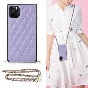 For iPhone 11 Pro Elegant Rhombic Pattern Microfiber Leather +TPU Shockproof Case with Crossbody Strap Chain (Purple)