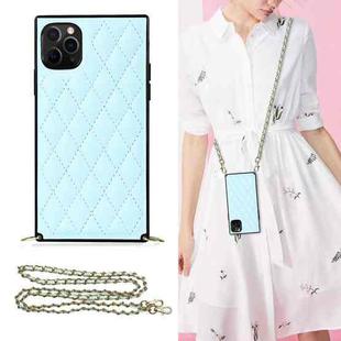 For iPhone 11 Pro Max Elegant Rhombic Pattern Microfiber Leather +TPU Shockproof Case with Crossbody Strap Chain (Blue)