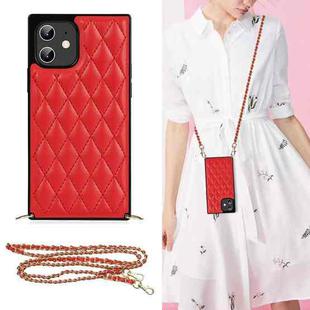For iPhone 12 mini Elegant Rhombic Pattern Microfiber Leather +TPU Shockproof Case with Crossbody Strap Chain (Red)