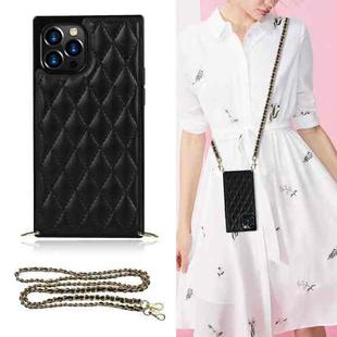 For iPhone 12 / 12 Pro Elegant Rhombic Pattern Microfiber Leather +TPU Shockproof Case with Crossbody Strap Chain(Black)
