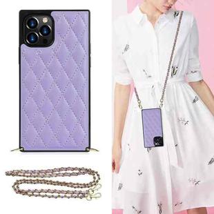 For iPhone 12 Pro Max Elegant Rhombic Pattern Microfiber Leather +TPU Shockproof Case with Crossbody Strap Chain(Purple)