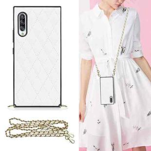 For Samsung Galaxy A90 5G Elegant Rhombic Pattern Microfiber Leather +TPU Shockproof Case with Crossbody Strap Chain(White)