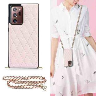 For Samsung Galaxy Note20 Ultra Elegant Rhombic Pattern Microfiber Leather +TPU Shockproof Case with Crossbody Strap Chain(Pink)