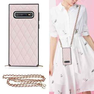 For Samsung Galaxy S10 Elegant Rhombic Pattern Microfiber Leather +TPU Shockproof Case with Crossbody Strap Chain(Pink)