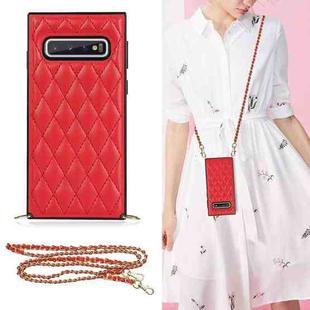 For Samsung Galaxy S10e Elegant Rhombic Pattern Microfiber Leather +TPU Shockproof Case with Crossbody Strap Chain(Red)