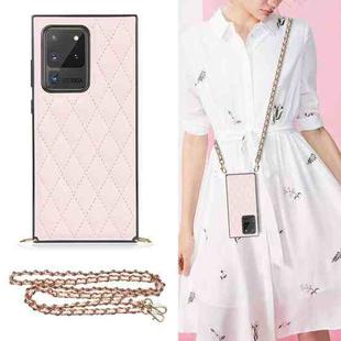 For Samsung Galaxy S20 Ultra Elegant Rhombic Pattern Microfiber Leather +TPU Shockproof Case with Crossbody Strap Chain(Pink)