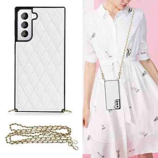 For Samsung Galaxy S21 5G Elegant Rhombic Pattern Microfiber Leather +TPU Shockproof Case with Crossbody Strap Chain(White)
