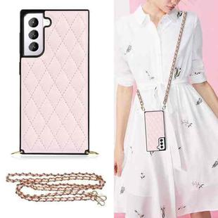 For Samsung Galaxy S21 5G Elegant Rhombic Pattern Microfiber Leather +TPU Shockproof Case with Crossbody Strap Chain(Pink)