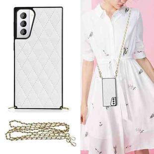 For Samsung Galaxy S21+ 5G Elegant Rhombic Pattern Microfiber Leather +TPU Shockproof Case with Crossbody Strap Chain(White)