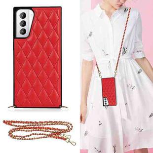 For Samsung Galaxy S21+ 5G Elegant Rhombic Pattern Microfiber Leather +TPU Shockproof Case with Crossbody Strap Chain(Red)