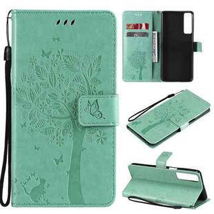 For LG Stylo 7 5G / 4G Tree & Cat Pattern Pressed Printing Horizontal Flip PU Leather Case with Holder & Card Slots & Wallet & Lanyard(Green)