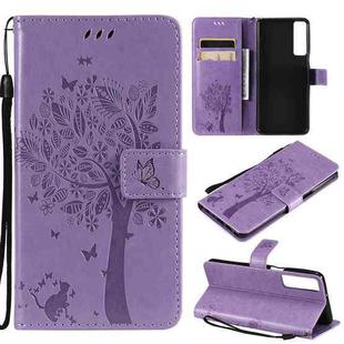 For LG Stylo 7 5G / 4G Tree & Cat Pattern Pressed Printing Horizontal Flip PU Leather Case with Holder & Card Slots & Wallet & Lanyard(Light Purple)