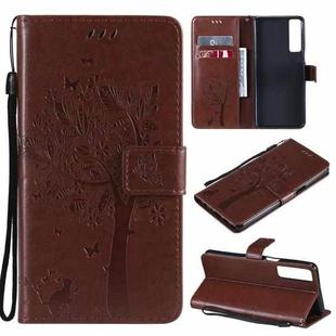 For LG Stylo 7 5G / 4G Tree & Cat Pattern Pressed Printing Horizontal Flip PU Leather Case with Holder & Card Slots & Wallet & Lanyard(Coffee)