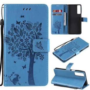 For LG Stylo 7 5G / 4G Tree & Cat Pattern Pressed Printing Horizontal Flip PU Leather Case with Holder & Card Slots & Wallet & Lanyard(Blue)