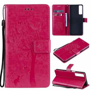 For LG Stylo 7 5G / 4G Tree & Cat Pattern Pressed Printing Horizontal Flip PU Leather Case with Holder & Card Slots & Wallet & Lanyard(Rose Red)