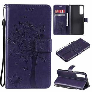 For LG Stylo 7 5G / 4G Tree & Cat Pattern Pressed Printing Horizontal Flip PU Leather Case with Holder & Card Slots & Wallet & Lanyard(Purple)