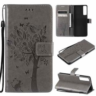 For LG Stylo 7 5G / 4G Tree & Cat Pattern Pressed Printing Horizontal Flip PU Leather Case with Holder & Card Slots & Wallet & Lanyard(Gray)