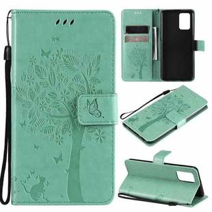 For OPPO F19 / A74 4G Tree & Cat Pattern Pressed Printing Horizontal Flip PU Leather Case with Holder & Card Slots & Wallet & Lanyard(Green)