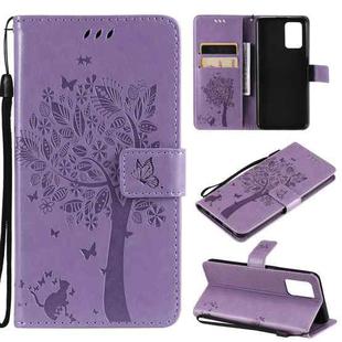 For OPPO F19 / A74 4G Tree & Cat Pattern Pressed Printing Horizontal Flip PU Leather Case with Holder & Card Slots & Wallet & Lanyard(Light Purple)