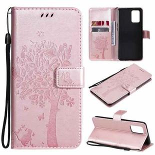 For OPPO F19 / A74 4G Tree & Cat Pattern Pressed Printing Horizontal Flip PU Leather Case with Holder & Card Slots & Wallet & Lanyard(Rose Gold)