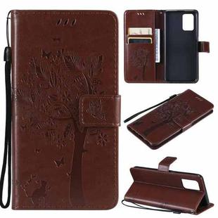 For OPPO F19 / A74 4G Tree & Cat Pattern Pressed Printing Horizontal Flip PU Leather Case with Holder & Card Slots & Wallet & Lanyard(Coffee)
