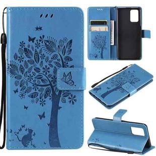 For OPPO F19 / A74 4G Tree & Cat Pattern Pressed Printing Horizontal Flip PU Leather Case with Holder & Card Slots & Wallet & Lanyard(Blue)