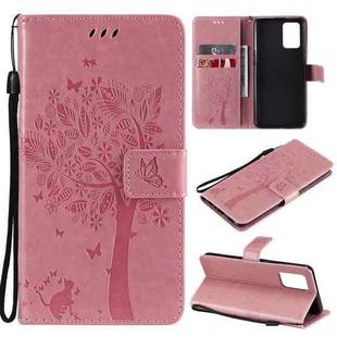 For OPPO F19 / A74 4G Tree & Cat Pattern Pressed Printing Horizontal Flip PU Leather Case with Holder & Card Slots & Wallet & Lanyard(Pink)
