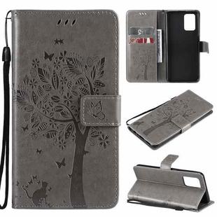 For OPPO F19 / A74 4G Tree & Cat Pattern Pressed Printing Horizontal Flip PU Leather Case with Holder & Card Slots & Wallet & Lanyard(Gray)