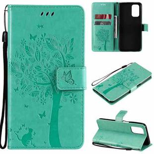 For OPPO A93 5G / A74 5G Tree & Cat Pattern Pressed Printing Horizontal Flip PU Leather Case with Holder & Card Slots & Wallet & Lanyard(Green)