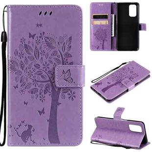 For OPPO A93 5G / A74 5G Tree & Cat Pattern Pressed Printing Horizontal Flip PU Leather Case with Holder & Card Slots & Wallet & Lanyard(Light Purple)