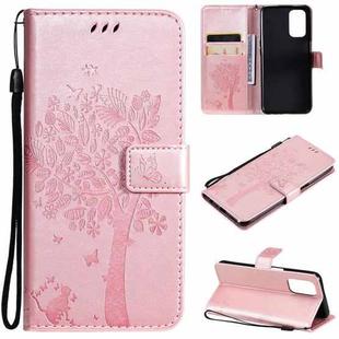 For OPPO A93 5G / A74 5G Tree & Cat Pattern Pressed Printing Horizontal Flip PU Leather Case with Holder & Card Slots & Wallet & Lanyard(Rose Gold)