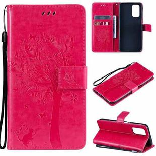 For OPPO A93 5G / A74 5G Tree & Cat Pattern Pressed Printing Horizontal Flip PU Leather Case with Holder & Card Slots & Wallet & Lanyard(Rose Red)