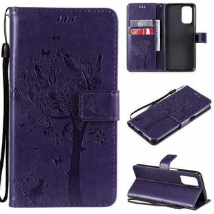 For OPPO A93 5G / A74 5G Tree & Cat Pattern Pressed Printing Horizontal Flip PU Leather Case with Holder & Card Slots & Wallet & Lanyard(Purple)