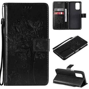 For OPPO A93 5G / A74 5G Tree & Cat Pattern Pressed Printing Horizontal Flip PU Leather Case with Holder & Card Slots & Wallet & Lanyard(Black)