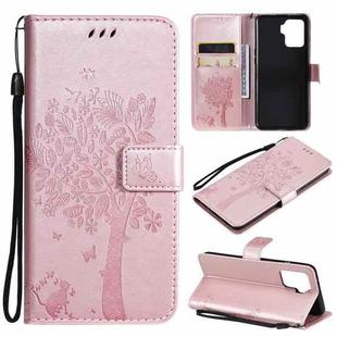 For OPPO A94 4G / F19 Pro / Reno 5F Tree & Cat Pattern Pressed Printing Horizontal Flip PU Leather Case with Holder & Card Slots & Wallet & Lanyard(Rose Gold)