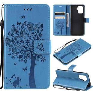 For OPPO A94 4G / F19 Pro / Reno 5F Tree & Cat Pattern Pressed Printing Horizontal Flip PU Leather Case with Holder & Card Slots & Wallet & Lanyard(Blue)